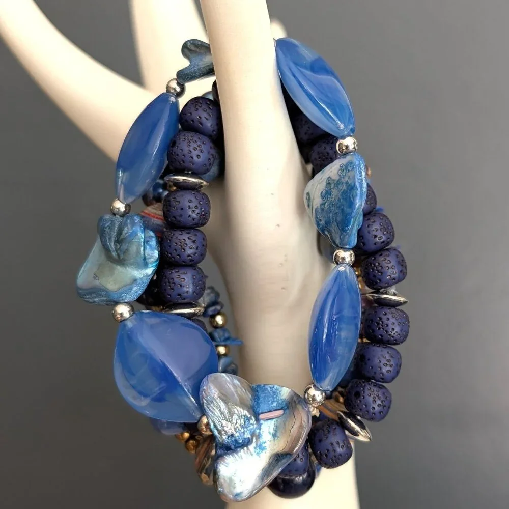 5 shades of blue layering beaded bracelets